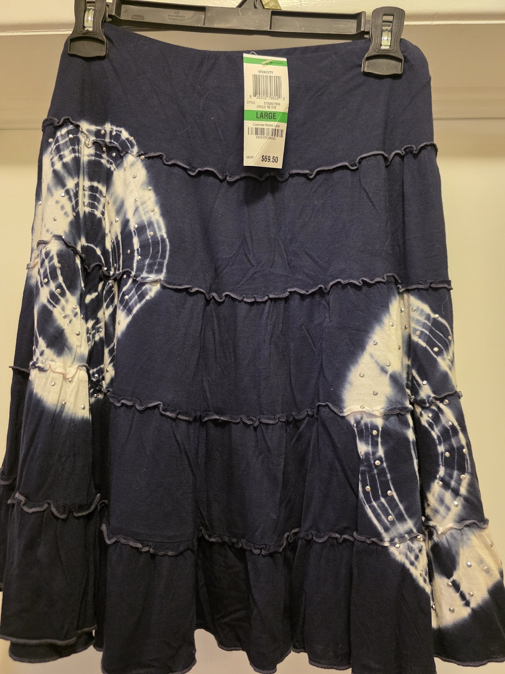 I-N-C Bnwt Tie-Dye Navy Tiered Skirt with Embellishments - Size Large